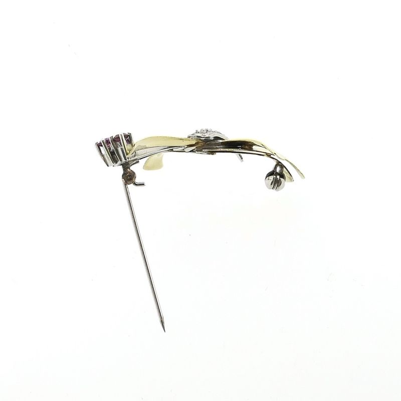 Image 7 of Two-tone gold brooch with ruby and diamonds; 0.06 ct.