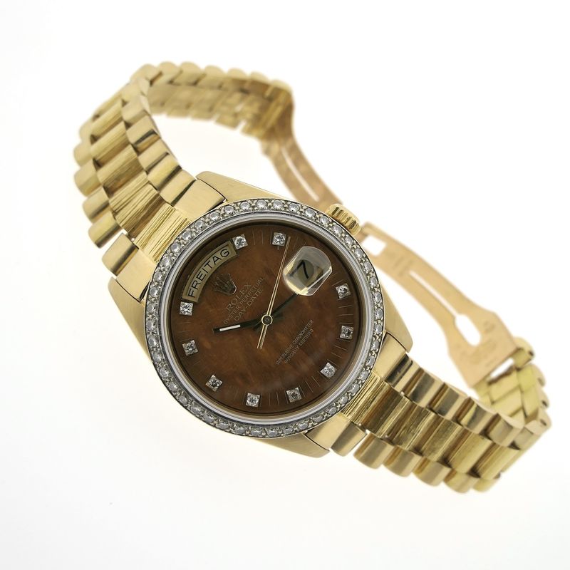 Image 22 of Rolex Day-Date 'Wood Dial' 18038; 18k gold men's watch with diamonds