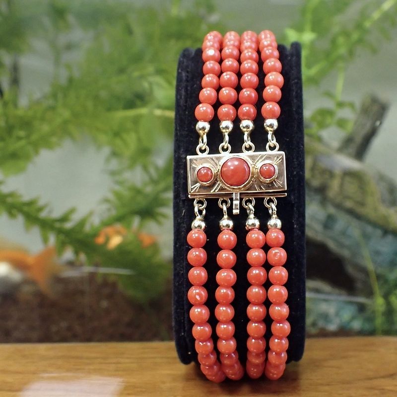 Image 5 of Antique red coral beaded bracelet with gold clasp.