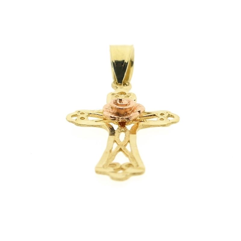 Image 3 of Two-tone gold pendant of a cross with a rose