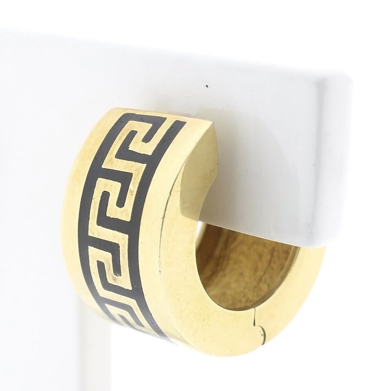 Image 5 of Gold hinged hoop earrings with a meandering pattern in black enamel; Ø 15.2 mm