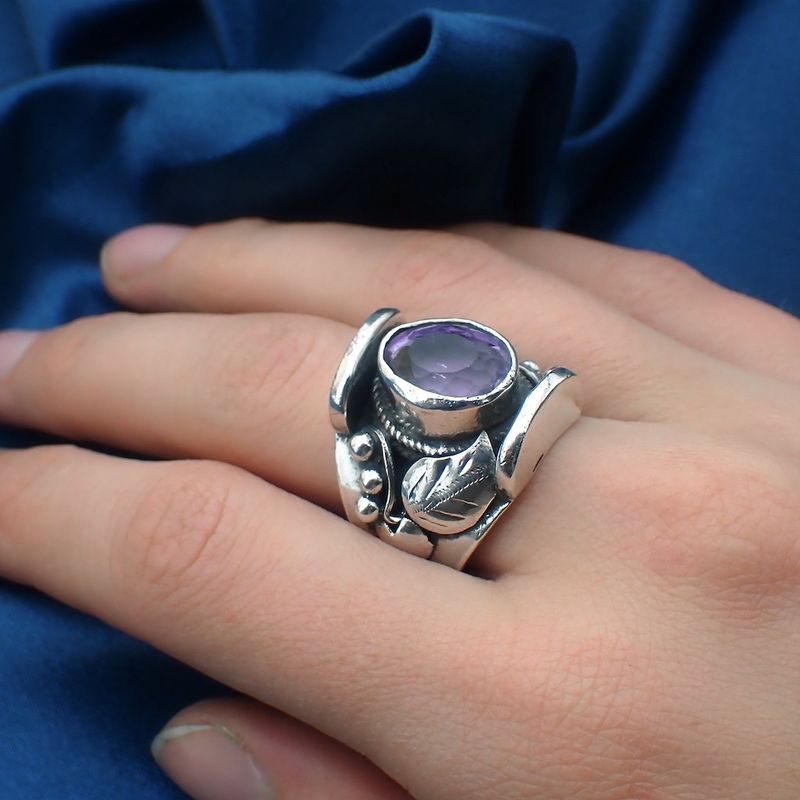 Image 7 of Silver floral fantasy ring with amethyst