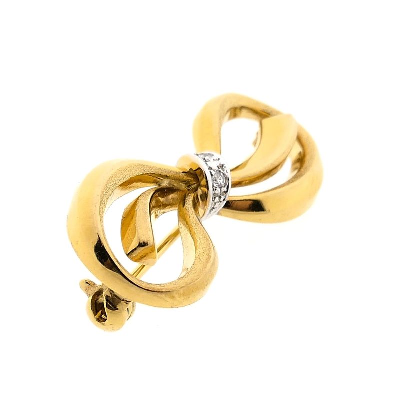 Image 4 of Bicolor Gold Bow Brooch with Diamond; 14 Karat