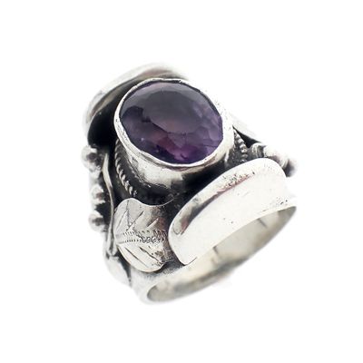 Image 1 of Silver floral fantasy ring with amethyst