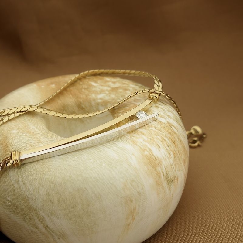 Image 2 of Two-tone gold necklace with a fixed pendant and diamond; 0.17 ct. | 45.5 cm | Le Chic