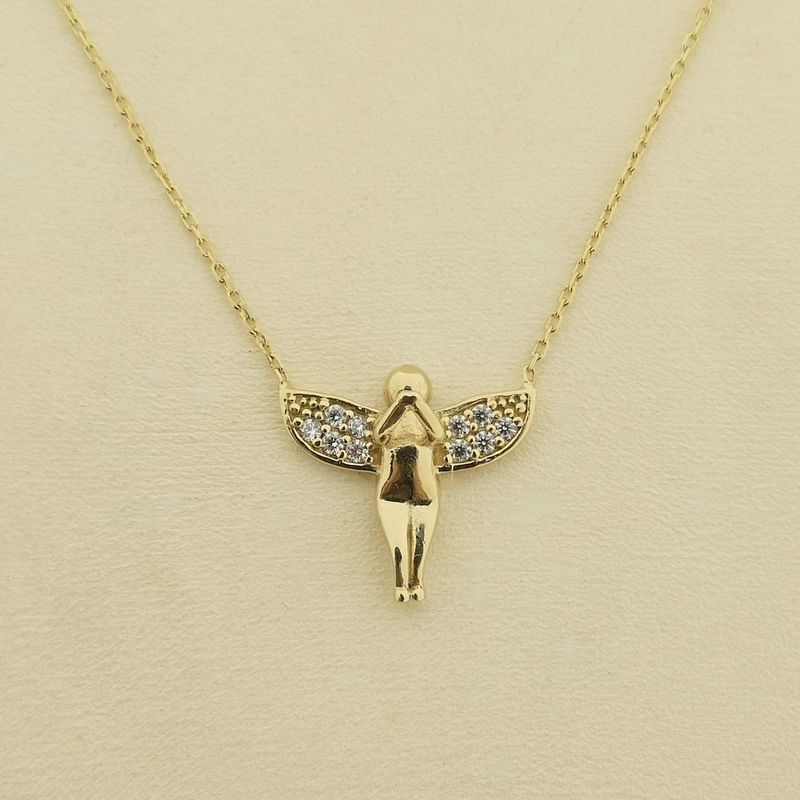 Image 4 of Gold anchor link necklace with a fixed pendant; Angel with zirconia | 45 cm