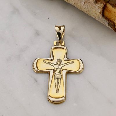 Bicolor Gold Cross Pendant with Engraved Corpus Image 2 of Bicolor Gold Cross Pendant with Engraved Corpus