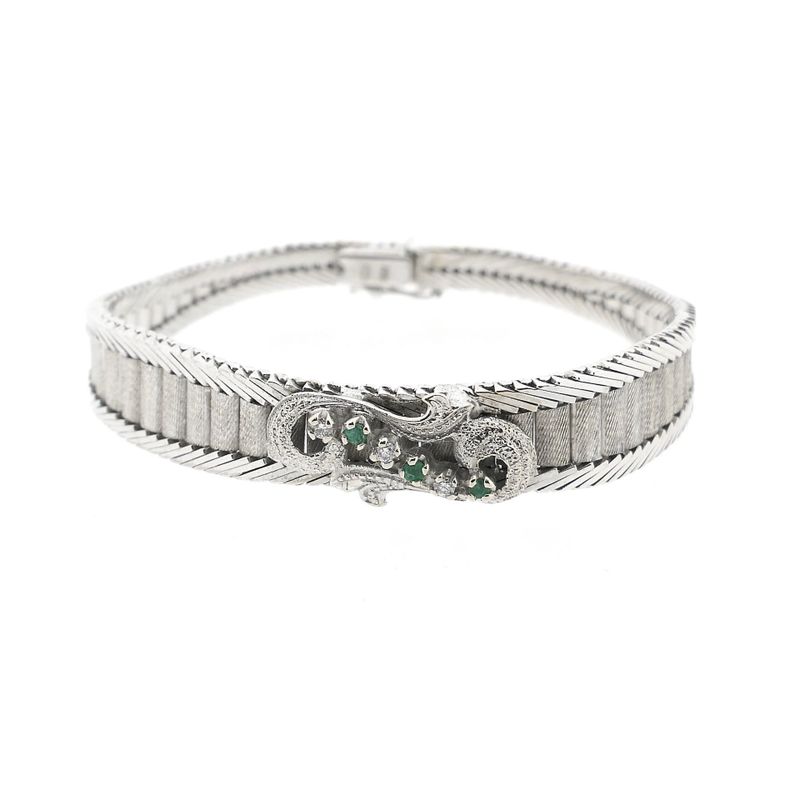 Image 3 of White gold bracelet with emerald and diamonds; 0.045 ct.