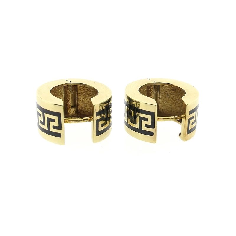 Image 11 of Gold hinged hoop earrings with a meandering pattern in black enamel; Ø 15.2 mm