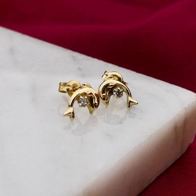 Image 2 of Gold Dolphin Earrings with Zirconia