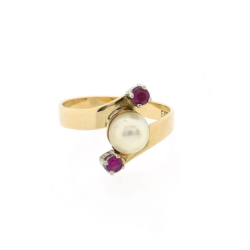 Image 3 of Gold Ring with Cultured Pearl and Ruby; 14K; Size 18.25