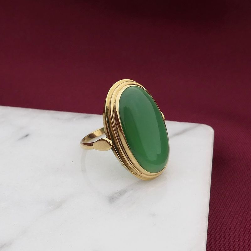 Image 2 of Gold Ring with Jade; 14 Karat; Size 17.75