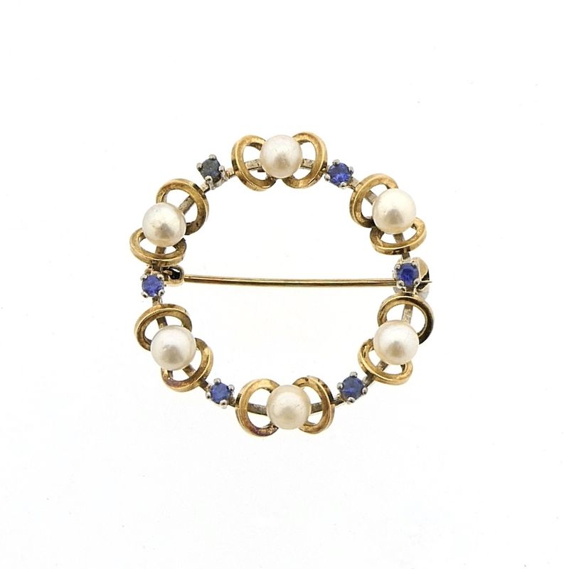 Image 1 of Vintage gold brooch with sapphire and pearls