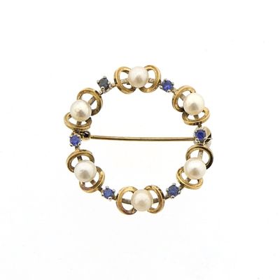 Vintage gold brooch with sapphire and pearls Image 1 of Vintage gold brooch with sapphire and pearls