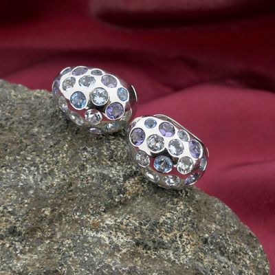 Image 1 of White gold domed stud earrings with aquamarine and amethyst