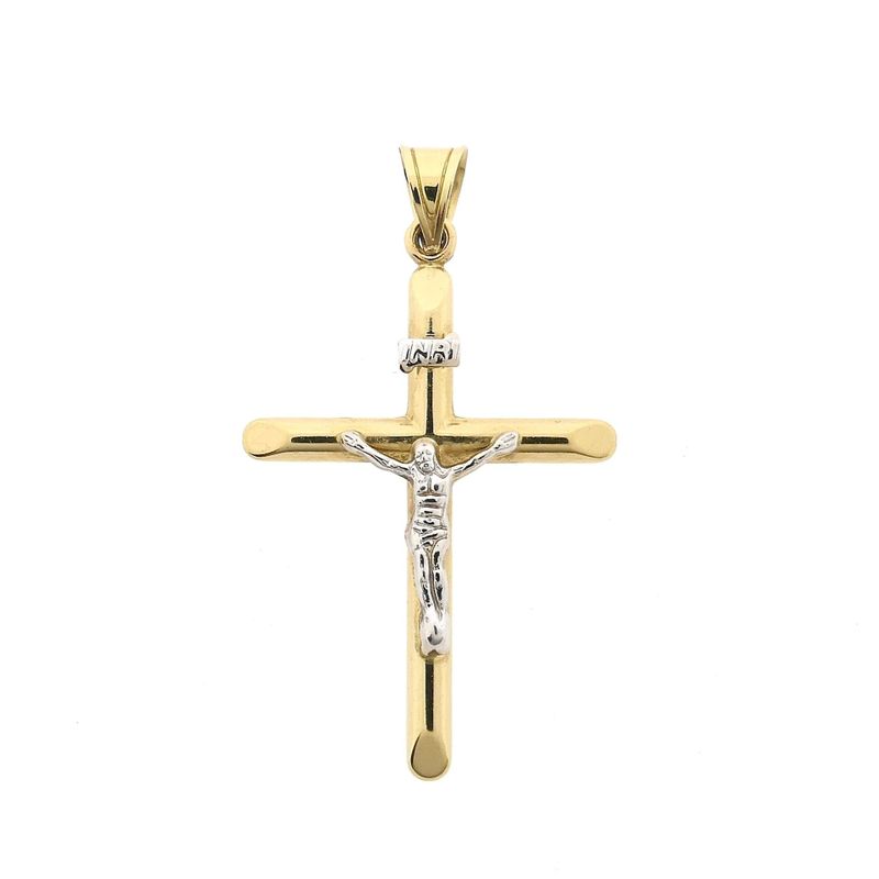Afbeelding 1 van Bicolor gouden hanger van een kruis met corpus | INRI