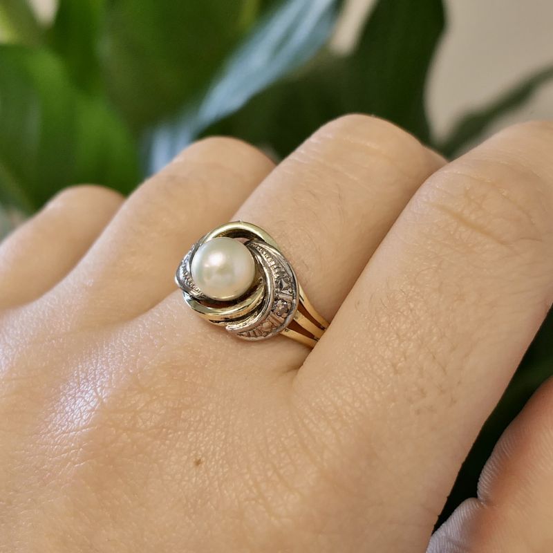 Image 6 of Two-tone gold ring with pearl and diamonds; 0.02 ct.