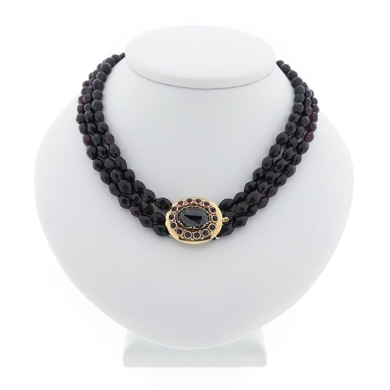 Image 1 of Antique garnet bead necklace with gold decorative clasp.