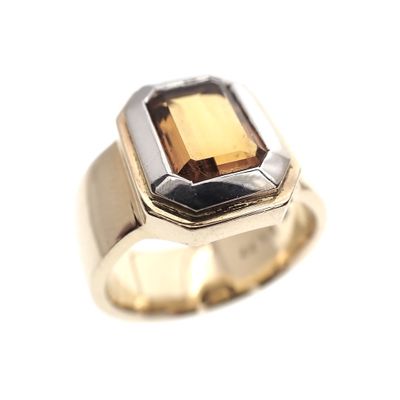 Image 1 of Two-tone gold ring with emerald-cut gold topaz