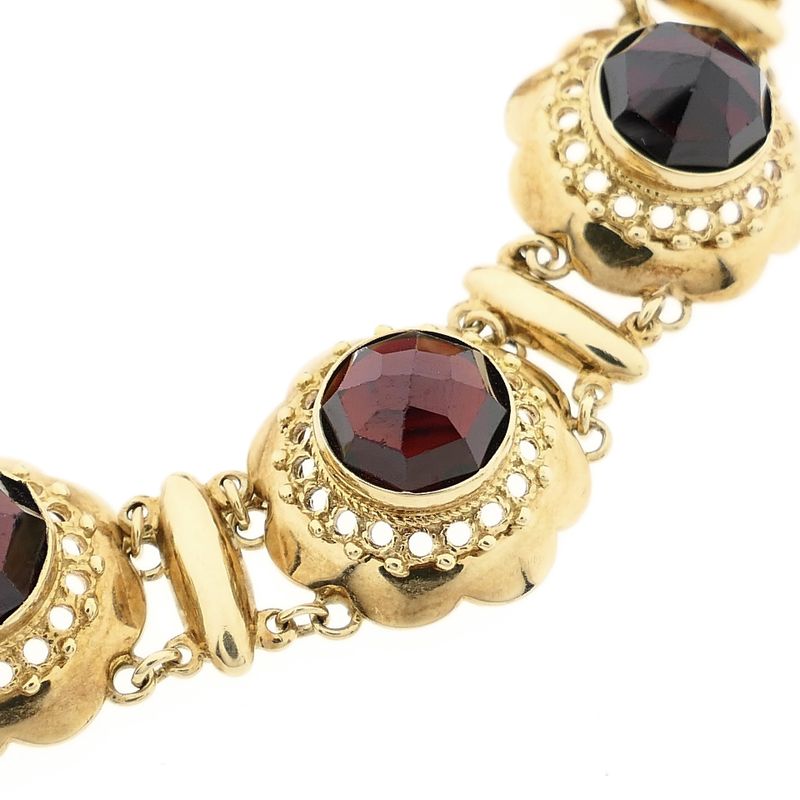 Afbeelding 10 van Antiek gouden bootjes armband met granaat | 18,5 cm