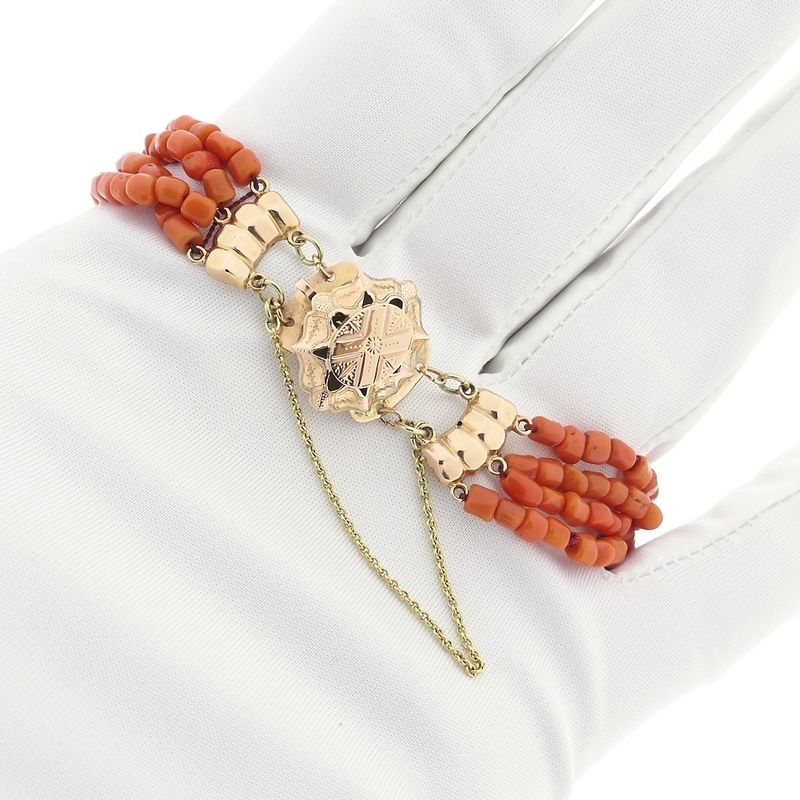 Image 8 of Antique red coral beaded bracelet with bicolor gold clasp.