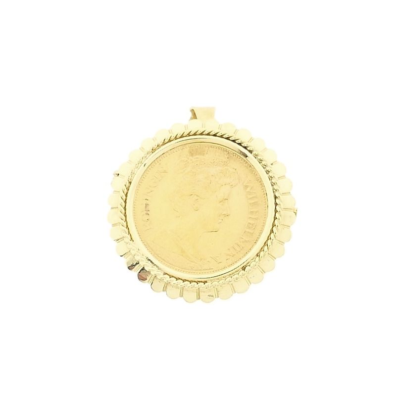Image 1 of Gold brooch/pendant of a gold fiver; Queen Wilhelmina 1912