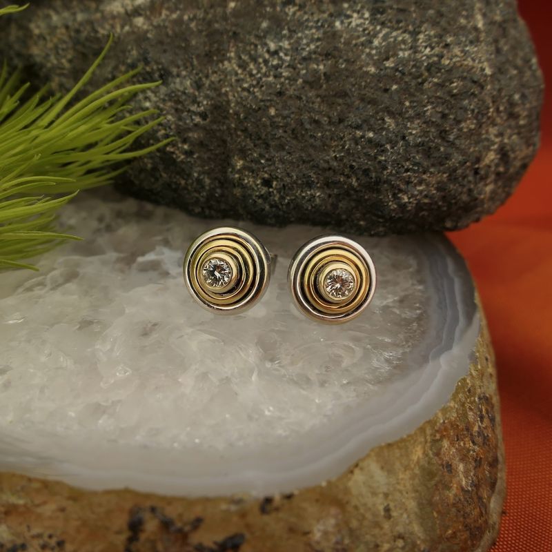 Image 2 of Bicolor gold stud earrings with diamond; 0.28 ct.