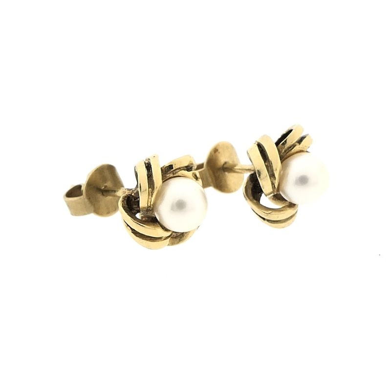 Image 6 of Golden floral stud earrings with cultured pearl