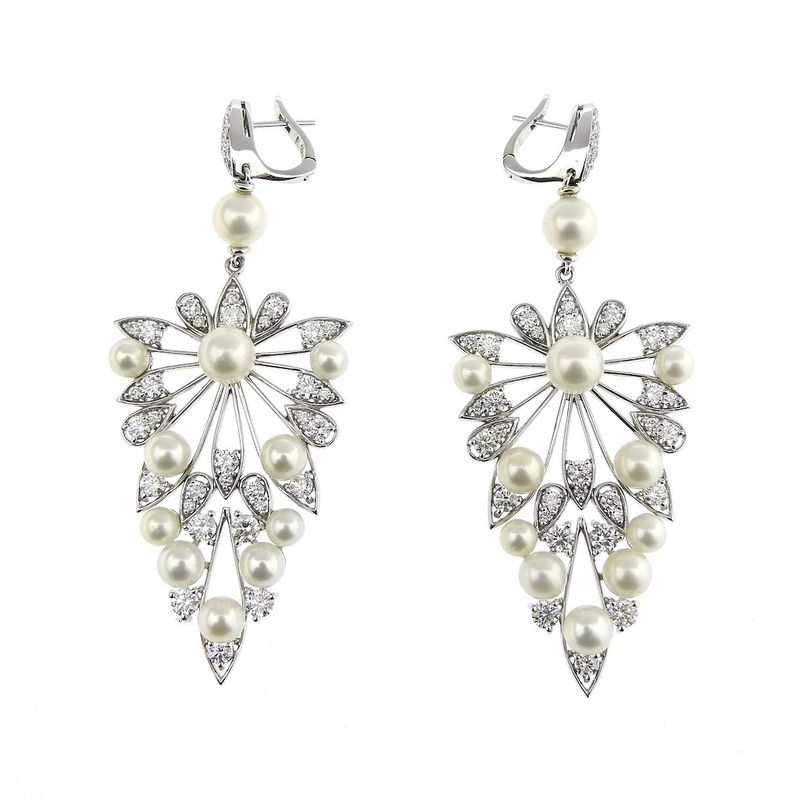 Image 5 of UTOPIA Art Deco white gold earrings with pearl and diamond 3.50 ct.