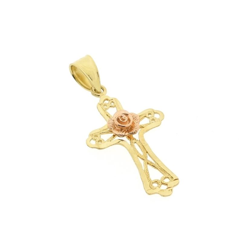 Image 6 of Two-tone gold pendant of a cross with a rose