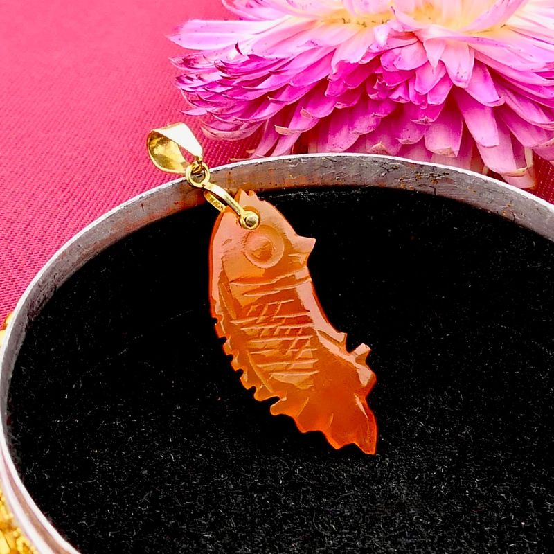 Image 2 of Gold Pendant with Carved Carnelian Fish; 14 Karat
