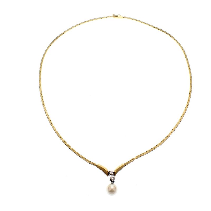 Image 1 of Gold matte ladies' necklace with pearl and diamonds; 0.12 ct.