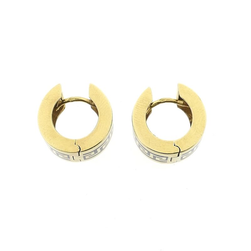 Image 9 of Gold hinged hoop earrings with a meandering pattern in black enamel; Ø 15.2 mm