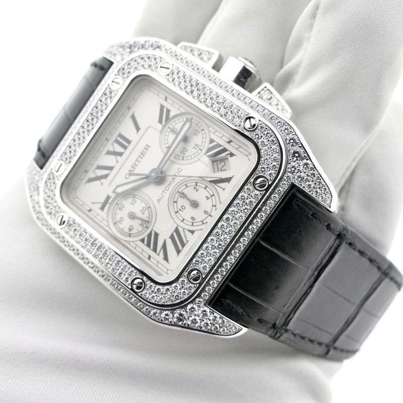 Image 18 of Cartier Santos 100 XL Chronograph 'Factory-Set' Diamonds 2891; 18k white gold watch with diamonds