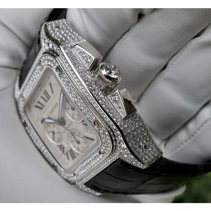 Image 29 of Cartier Santos 100 XL Chronograph 'Factory-Set' Diamonds 2891; 18k white gold watch with diamonds