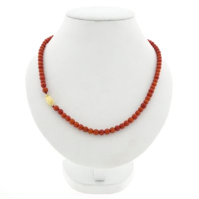 Image 1 of Antique blood coral bead necklace with gold decorative clasp