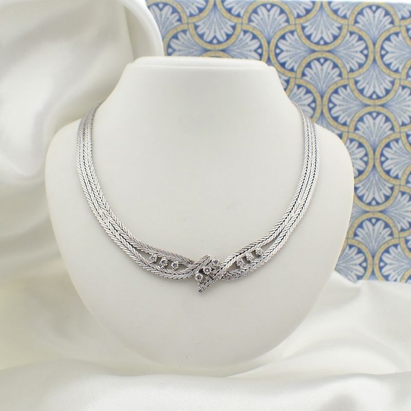 Image 2 of White gold herringbone link necklace with diamond; 0.63 ct.