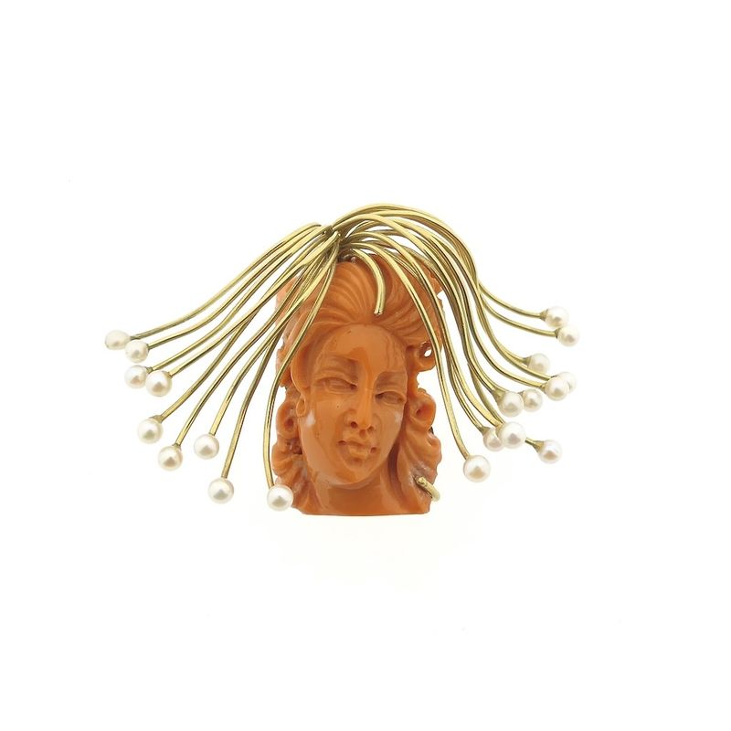 Image 1 of Golden Medusa pendant in blood coral and pearls