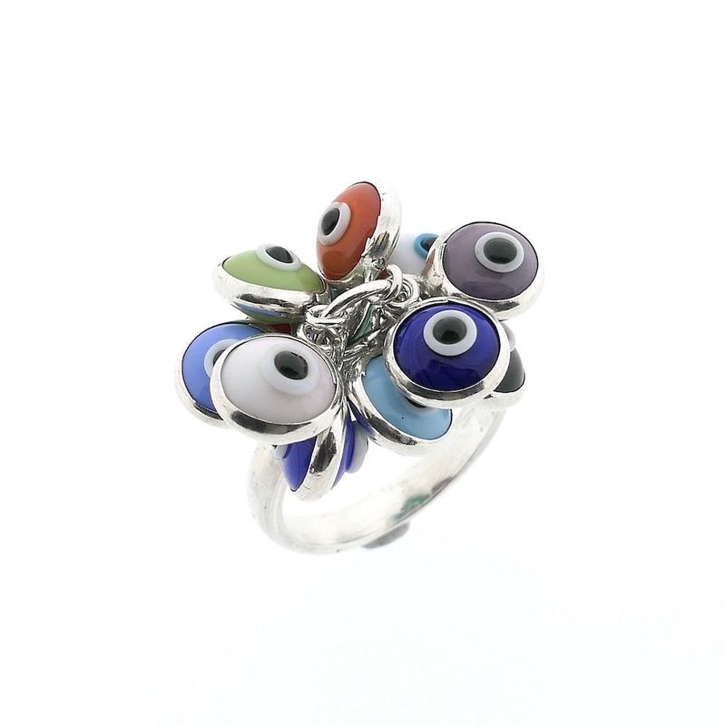 Image 1 of Silver ring with multiple colored Nazar eye charms