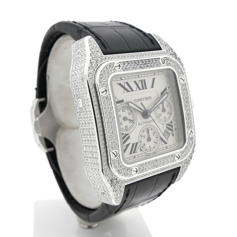Image 3 of Cartier Santos 100 XL Chronograph 'Factory-Set' Diamonds 2891; 18k white gold watch with diamonds