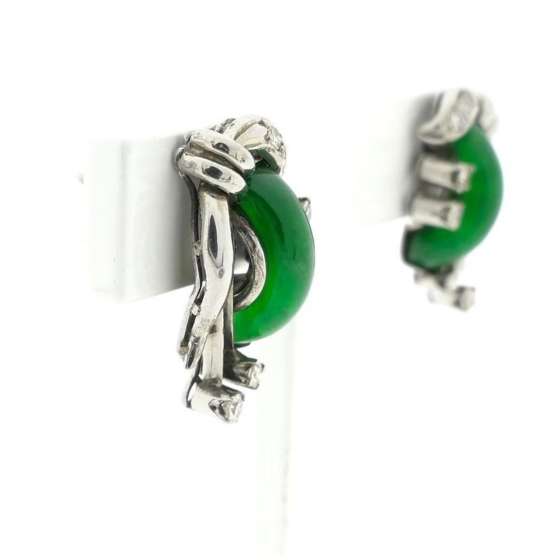 Image 4 of White gold stud earrings with jade and diamond; 0.38 ct.