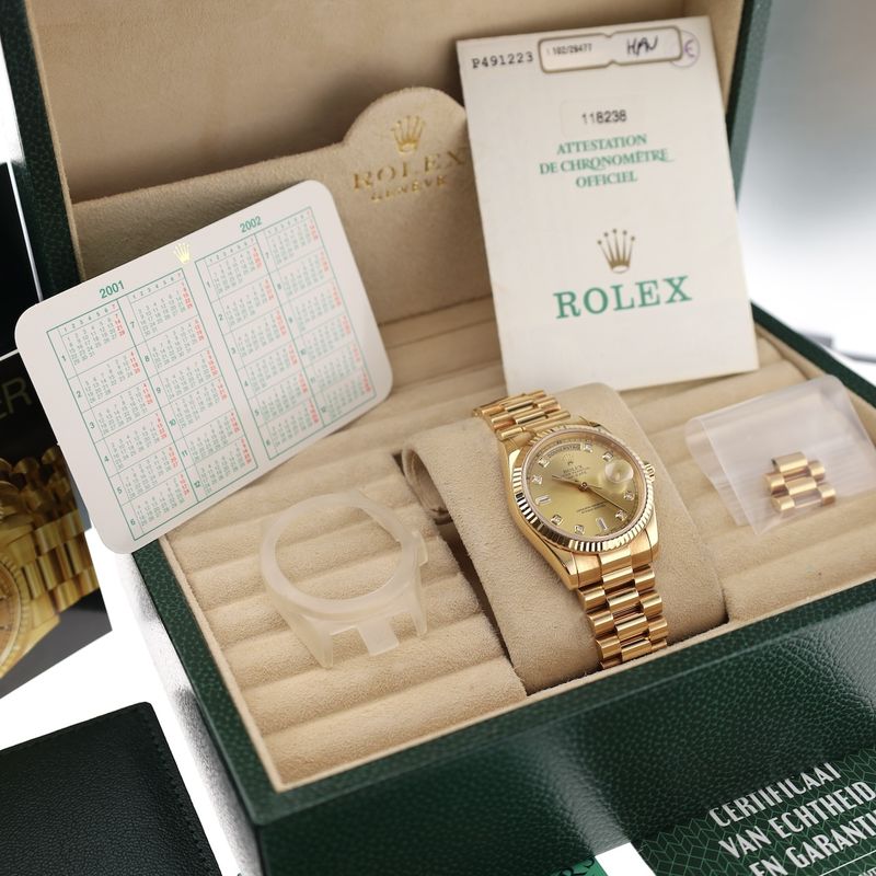 Image 32 of Rolex Day-Date 36mm 'Diamond Dial' 118238; 18k. Gold watch in full set