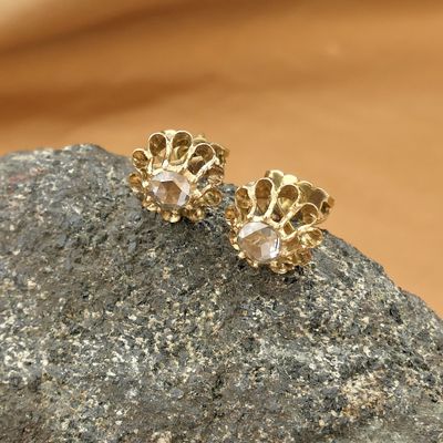Image 2 of Gold floral stud earrings with diamond; 0.20 ct. | Vintage
