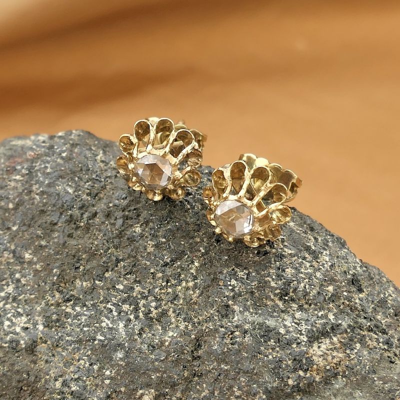 Image 2 of Gold floral stud earrings with diamond; 0.20 ct. | Vintage