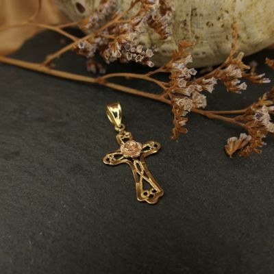 Image 2 of Two-tone gold pendant of a cross with a rose