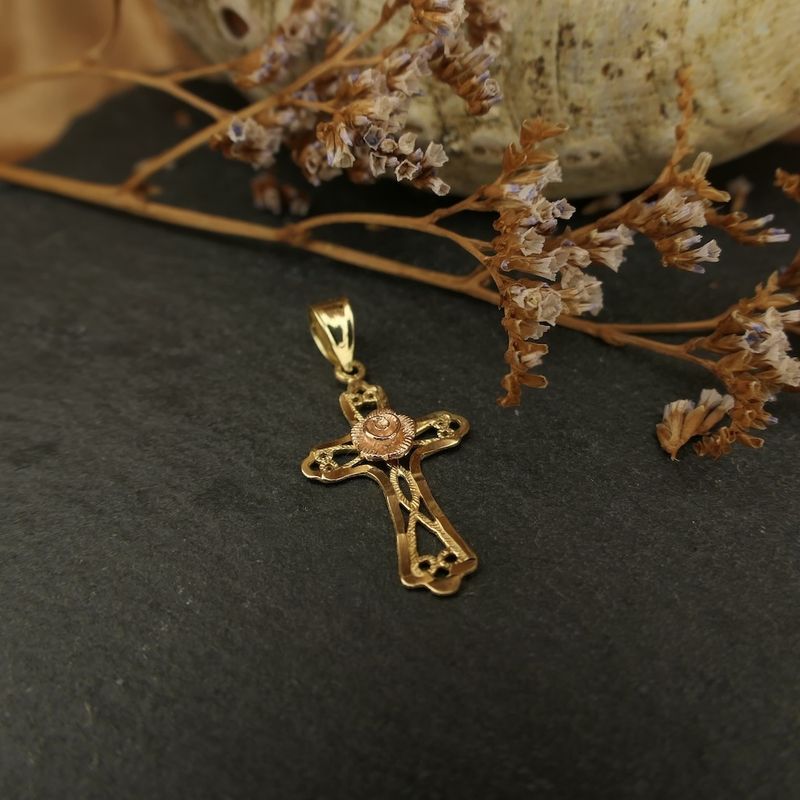 Image 2 of Two-tone gold pendant of a cross with a rose
