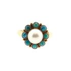 Image 3 of Golden entourage ring with cultured pearl & turquoise; 14K; size 16.5
