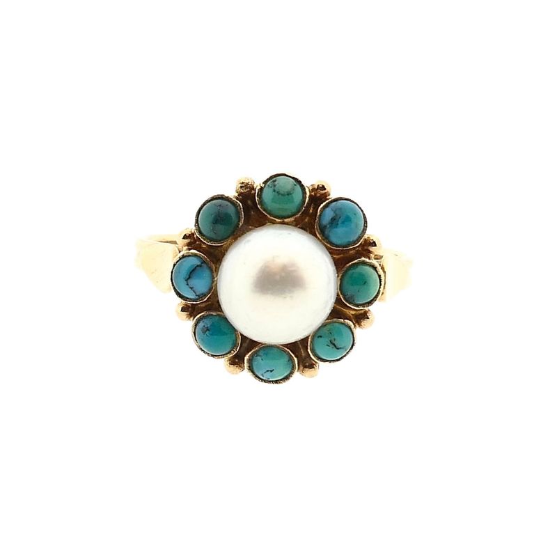 Image 3 of Golden entourage ring with cultured pearl & turquoise; 14K; size 16.5