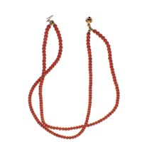 Antique blood coral bead necklace with gold clasp