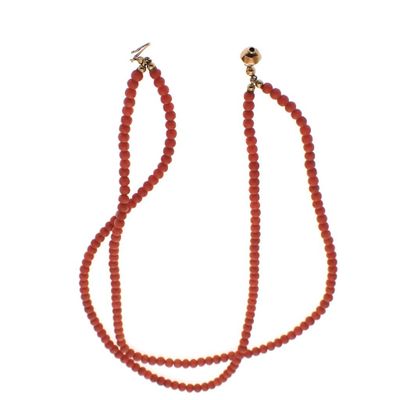 Image 1 of Antique blood coral bead necklace with gold clasp